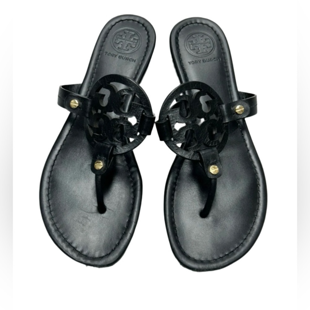 Tory Burch Black Thong Sandals with Gold Accents